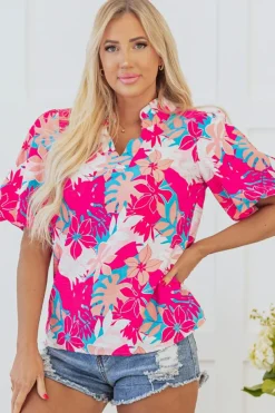 Discount Dear-Lover Tropical Plant Printed V Neck Puff Sleeve Blouse Rose