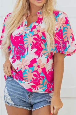 Discount Dear-Lover Tropical Plant Printed V Neck Puff Sleeve Blouse Rose