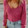 Discount Dear-Lover U Neck Textured Long Sleeve Top Rose