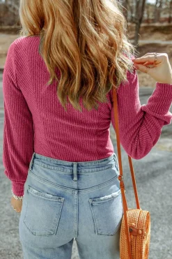 Discount Dear-Lover U Neck Textured Long Sleeve Top Rose