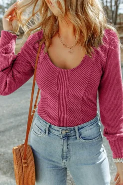 Discount Dear-Lover U Neck Textured Long Sleeve Top Rose