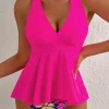 Discount Dear-Lover V Neck Ruffled Hem Floral Bottom Tankini Set Rose