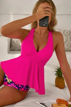 Discount Dear-Lover V Neck Ruffled Hem Floral Bottom Tankini Set Rose