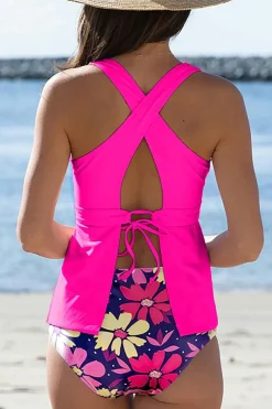 Discount Dear-Lover V Neck Ruffled Hem Floral Bottom Tankini Set Rose