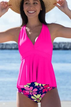 Discount Dear-Lover V Neck Ruffled Hem Floral Bottom Tankini Set Rose