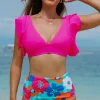 Sale Dear-Lover V Neck Ruffles Floral Print High Waist Bikini Rose