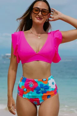 Sale Dear-Lover V Neck Ruffles Floral Print High Waist Bikini Rose