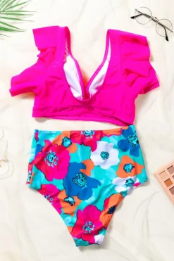 Sale Dear-Lover V Neck Ruffles Floral Print High Waist Bikini Rose