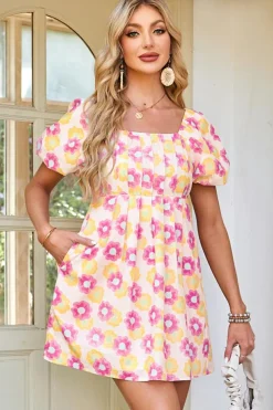 Sale Dear-Lover Vibrant Floral Square Neck Puff Sleeve Pleated Flared Midi Dress Rose