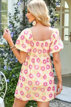 Sale Dear-Lover Vibrant Floral Square Neck Puff Sleeve Pleated Flared Midi Dress Rose