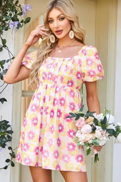 Sale Dear-Lover Vibrant Floral Square Neck Puff Sleeve Pleated Flared Midi Dress Rose