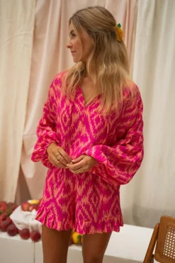 New Dear-Lover Western Aztec Geometric Print Top and Ruffled Shorts Set Rose