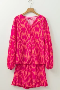 New Dear-Lover Western Aztec Geometric Print Top and Ruffled Shorts Set Rose