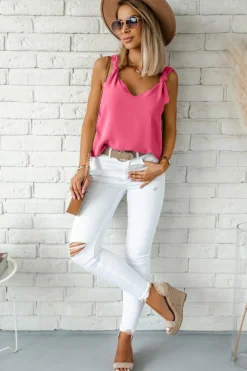 Clearance Dear-Lover White V Neck Knotted Shoulder Vest Rose