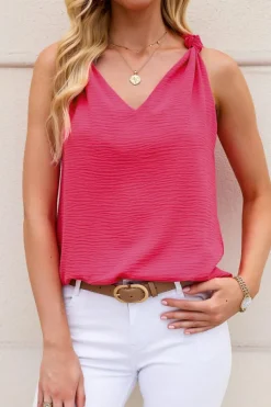 Clearance Dear-Lover White V Neck Knotted Shoulder Vest Rose