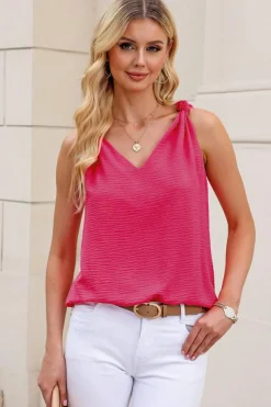 Clearance Dear-Lover White V Neck Knotted Shoulder Vest Rose