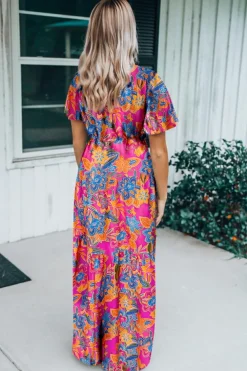 Clearance Dear-Lover Wrap V Neck Floral Maxi Dress Rose