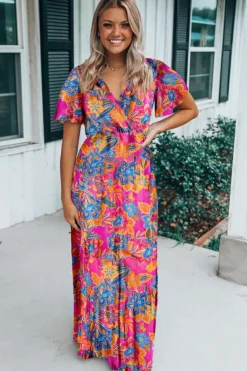 Clearance Dear-Lover Wrap V Neck Floral Maxi Dress Rose