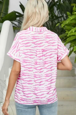 Fashion Dear-Lover Zebra Pattern V Neck Short Sleeve Blouse Rose