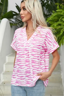 Fashion Dear-Lover Zebra Pattern V Neck Short Sleeve Blouse Rose