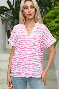 Fashion Dear-Lover Zebra Pattern V Neck Short Sleeve Blouse Rose
