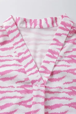 Fashion Dear-Lover Zebra Pattern V Neck Short Sleeve Blouse Rose