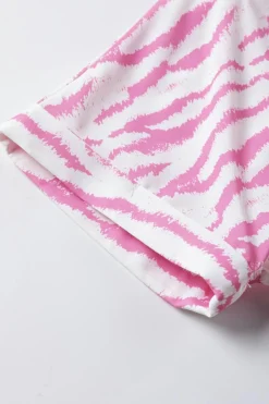 Fashion Dear-Lover Zebra Pattern V Neck Short Sleeve Blouse Rose