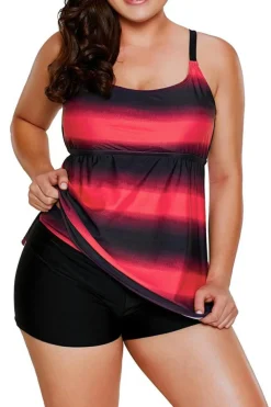 Sale Dear-Lover Rosy Strappy Hollow-out Back Plus Size Tankini Fiery Red