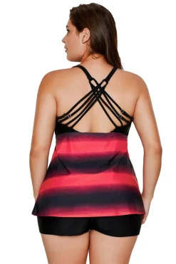 Sale Dear-Lover Rosy Strappy Hollow-out Back Plus Size Tankini Fiery Red