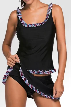 Sale Dear-Lover Ruffle Trim Active Tank Top and Skort Swimsuit Black
