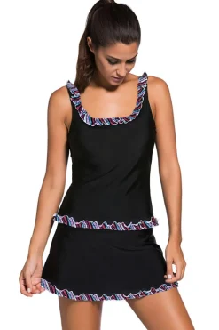 Sale Dear-Lover Ruffle Trim Active Tank Top and Skort Swimsuit Black