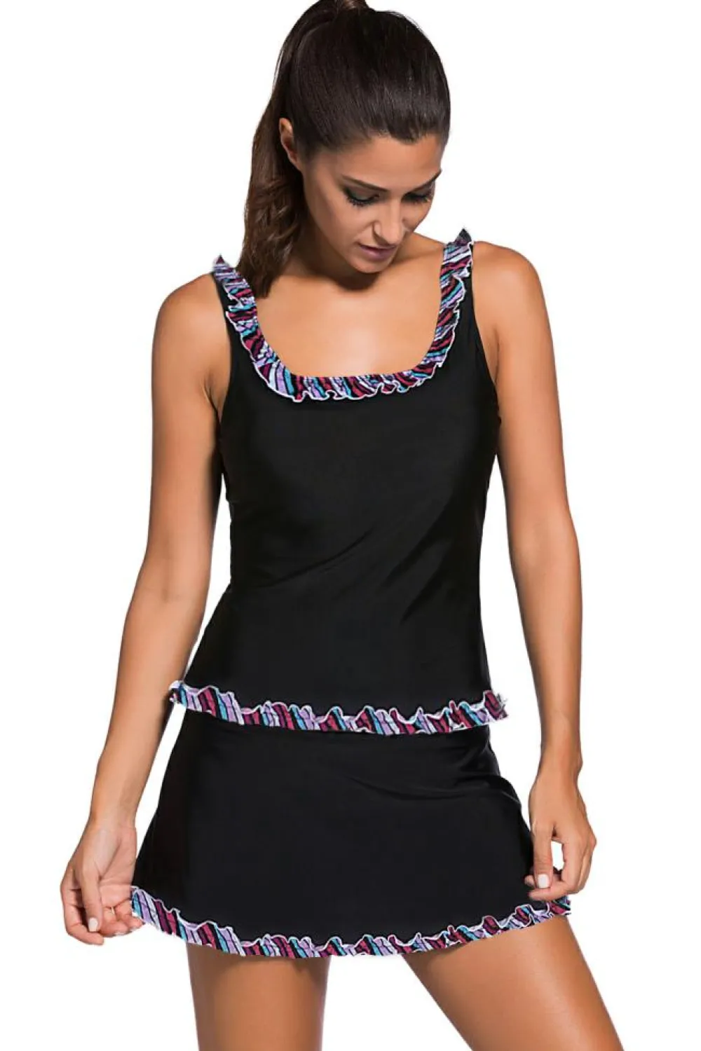 Sale Dear-Lover Ruffle Trim Active Tank Top and Skort Swimsuit Black