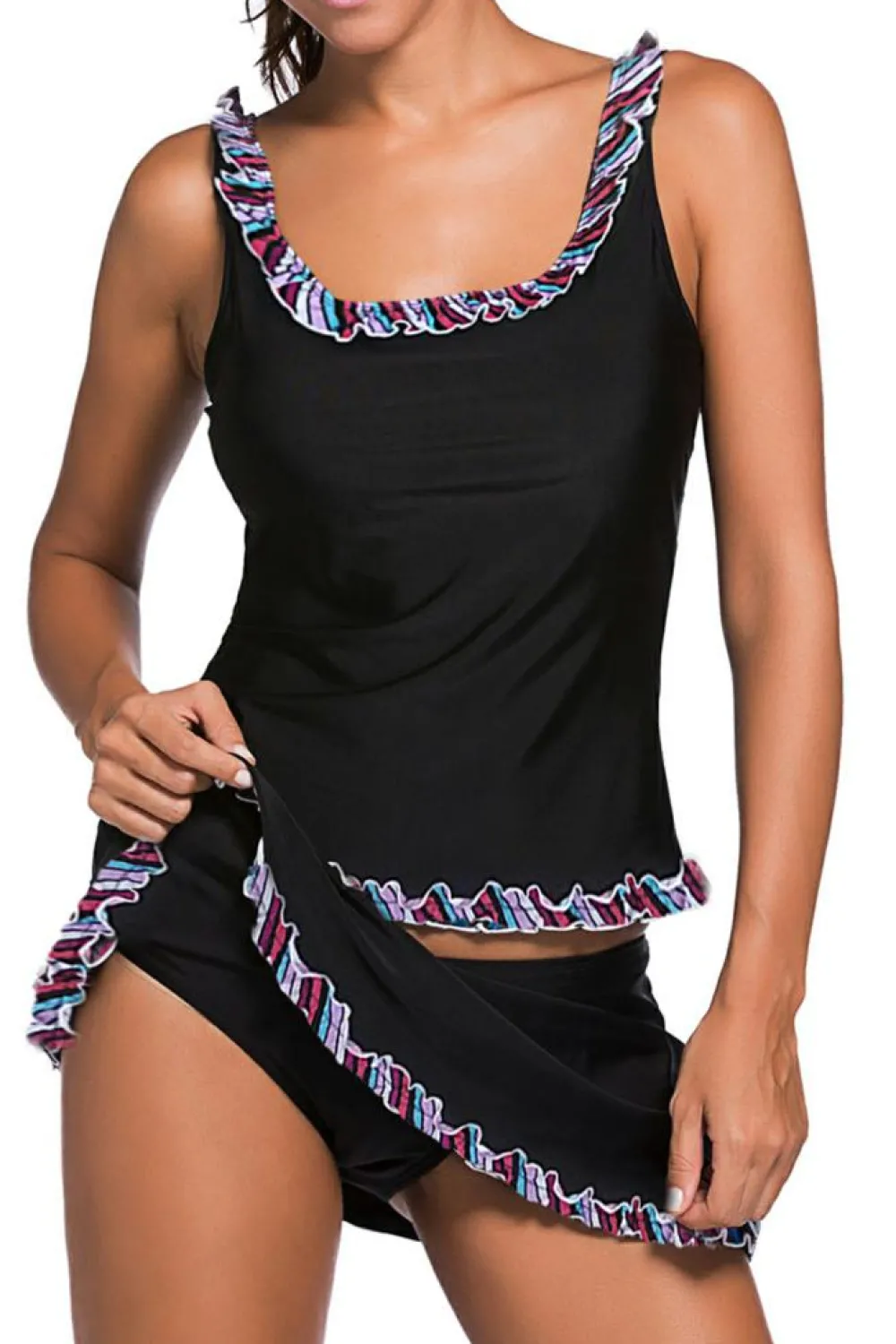 Sale Dear-Lover Ruffle Trim Active Tank Top and Skort Swimsuit Black