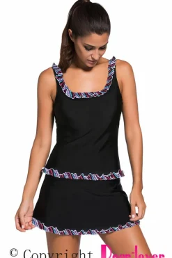 Sale Dear-Lover Ruffle Trim Active Tank Top and Skort Swimsuit Black