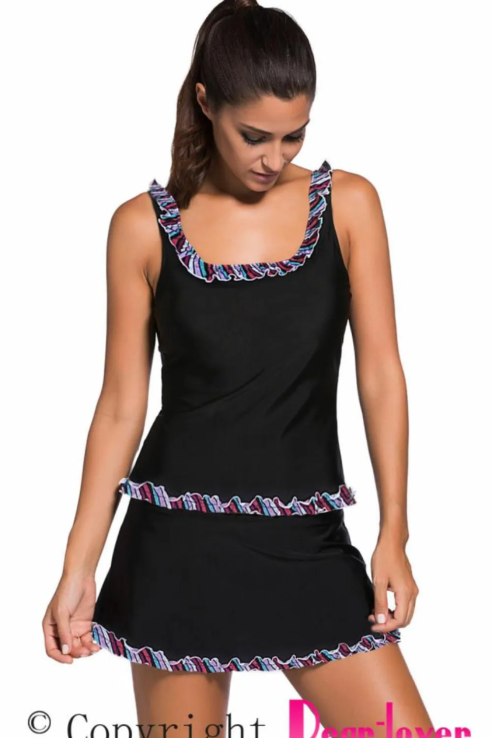 Sale Dear-Lover Ruffle Trim Active Tank Top and Skort Swimsuit Black