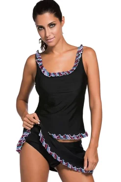 Sale Dear-Lover Ruffle Trim Active Tank Top and Skort Swimsuit Black