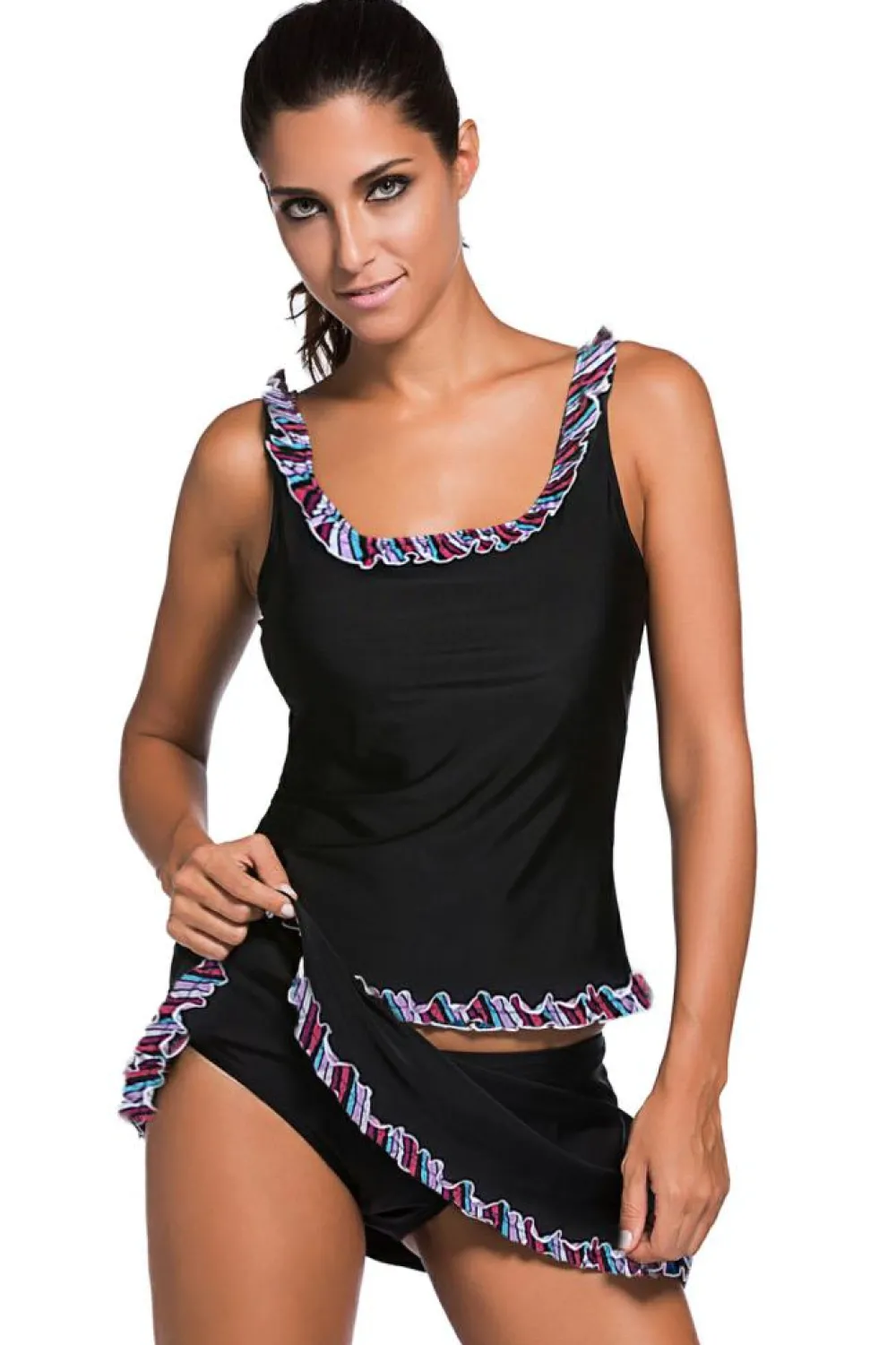Sale Dear-Lover Ruffle Trim Active Tank Top and Skort Swimsuit Black