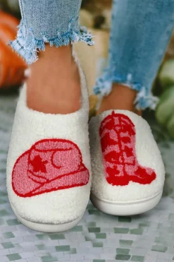 Fashion Dear-Lover Rush Western Graphic Embroidered Sherpa Home Slippers Racing Red