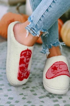 Fashion Dear-Lover Rush Western Graphic Embroidered Sherpa Home Slippers Racing Red