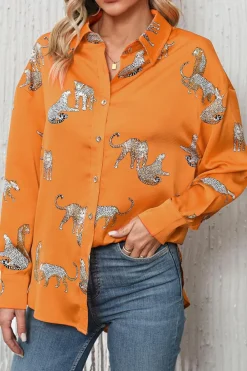 Discount Dear-Lover Cheetah Animal Print Button Up Satin Shirt Russet Orange