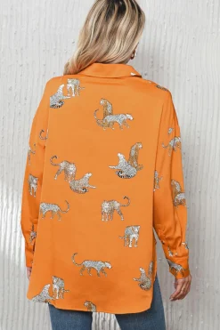 Discount Dear-Lover Cheetah Animal Print Button Up Satin Shirt Russet Orange