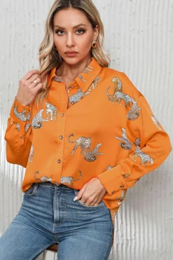 Discount Dear-Lover Cheetah Animal Print Button Up Satin Shirt Russet Orange