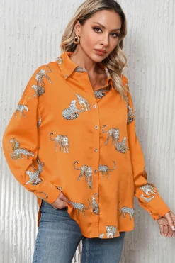 Discount Dear-Lover Cheetah Animal Print Button Up Satin Shirt Russet Orange