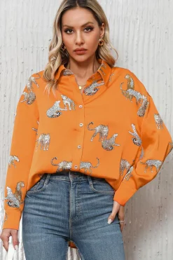 Discount Dear-Lover Cheetah Animal Print Button Up Satin Shirt Russet Orange