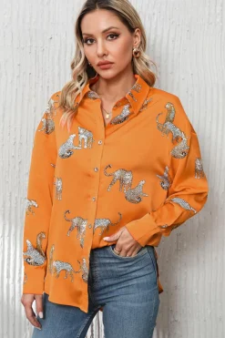 Discount Dear-Lover Cheetah Animal Print Button Up Satin Shirt Russet Orange