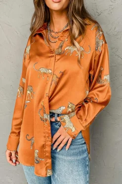 Discount Dear-Lover Cheetah Animal Print Button Up Satin Shirt Russet Orange