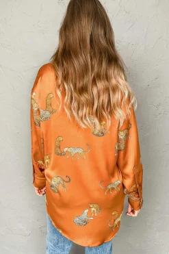 Discount Dear-Lover Cheetah Animal Print Button Up Satin Shirt Russet Orange