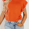 Fashion Dear-Lover Contrast Trim Ruffle Sleeve Knitted Top Russet Orange