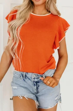 Fashion Dear-Lover Contrast Trim Ruffle Sleeve Knitted Top Russet Orange