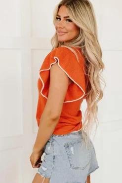 Fashion Dear-Lover Contrast Trim Ruffle Sleeve Knitted Top Russet Orange